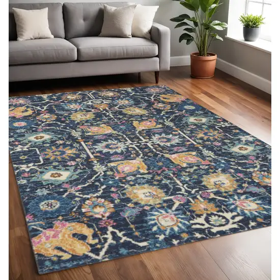 Navy Blue Yellow And Pink Floral Area Rug Photo 2