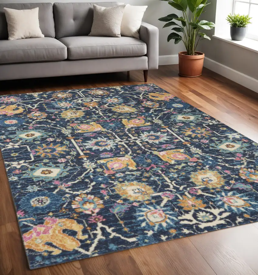 Navy Blue Yellow And Pink Floral Area Rug Photo 2