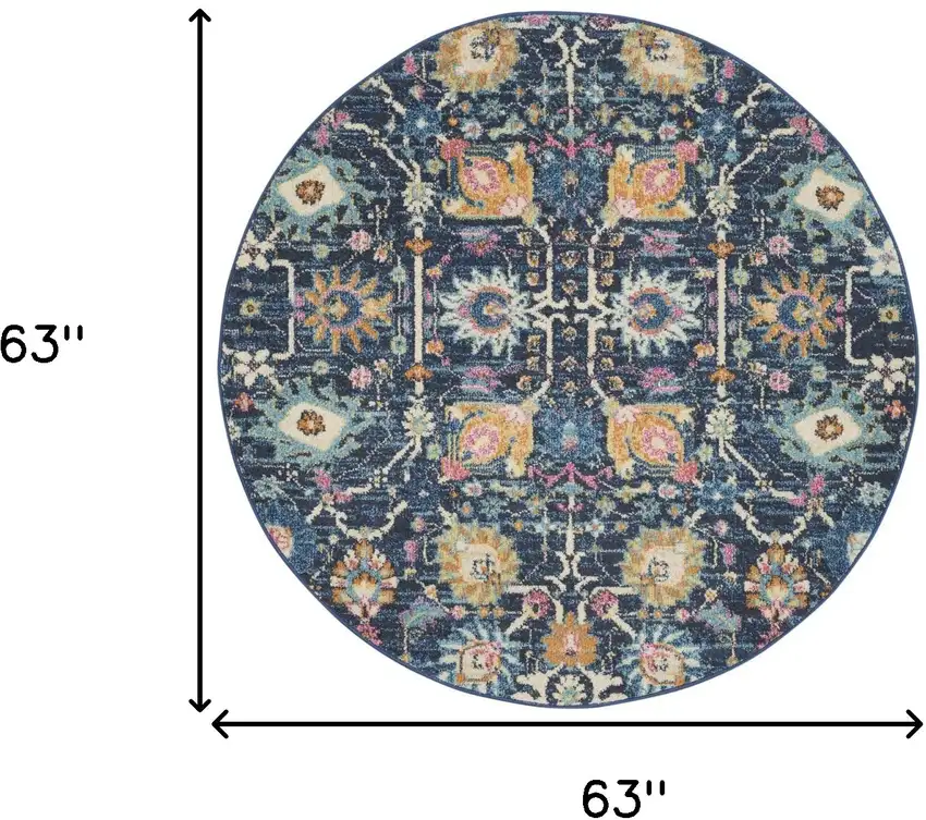 5' Navy Blue Yellow And Pink Floral Round Rug Photo 9