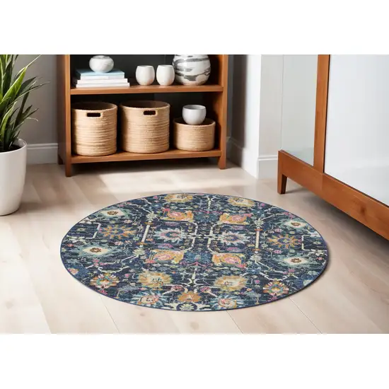 5' Navy Blue Yellow And Pink Floral Round Rug Photo 1