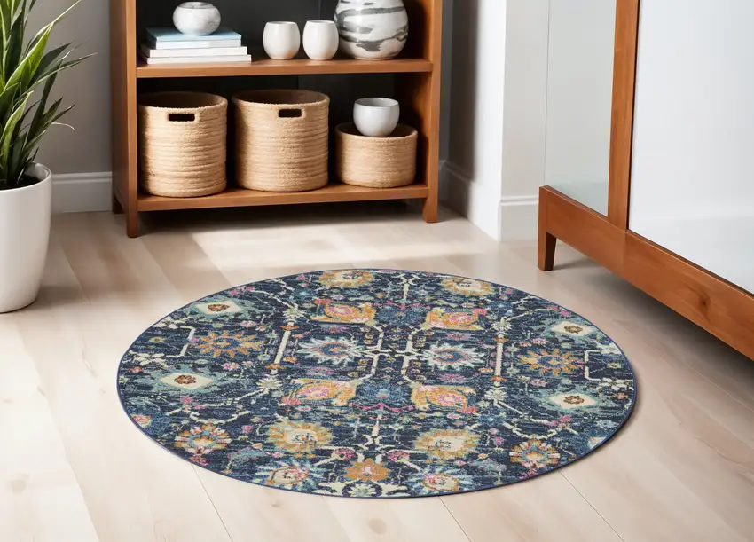 5' Navy Blue Yellow And Pink Floral Round Rug Photo 1