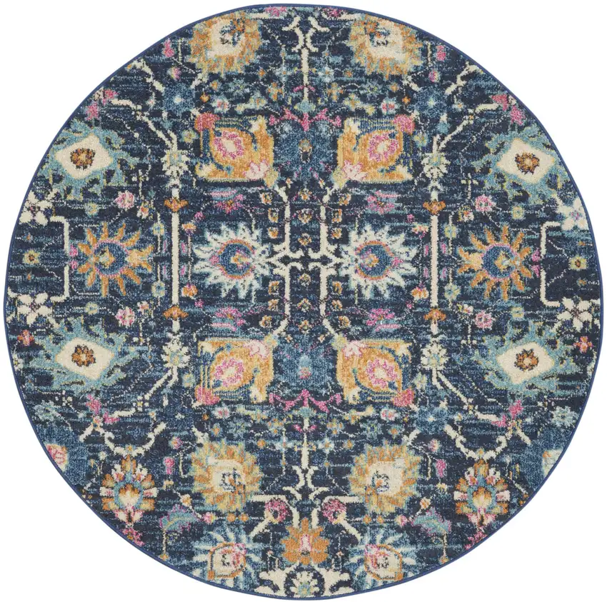 5' Navy Blue Yellow And Pink Floral Round Rug Photo 4