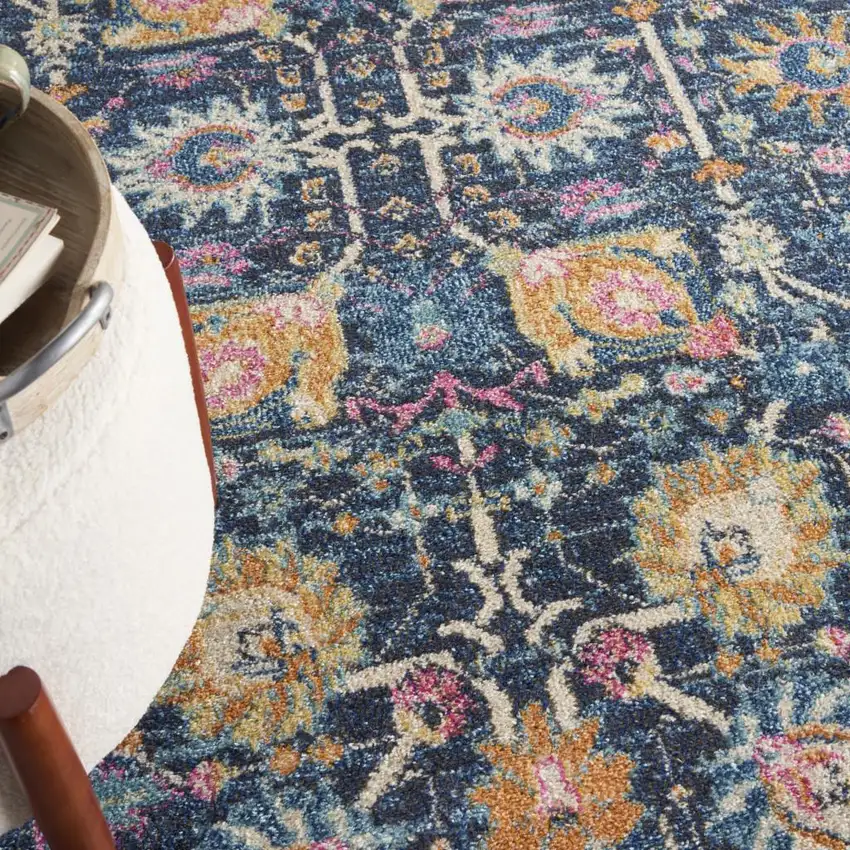 5' Navy Blue Yellow And Pink Floral Round Rug Photo 8
