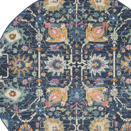 5' Navy Blue Yellow And Pink Floral Round Rug Photo 3