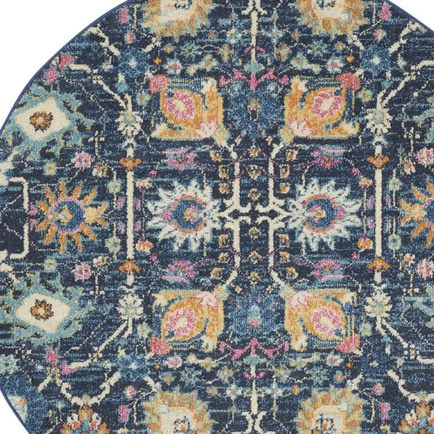 5' Navy Blue Yellow And Pink Floral Round Rug Photo 3