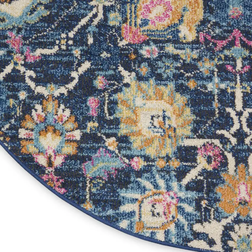 5' Navy Blue Yellow And Pink Floral Round Rug Photo 9
