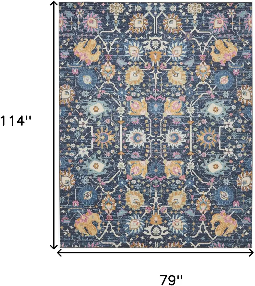 Navy Blue Yellow And Pink Floral Area Rug Photo 9
