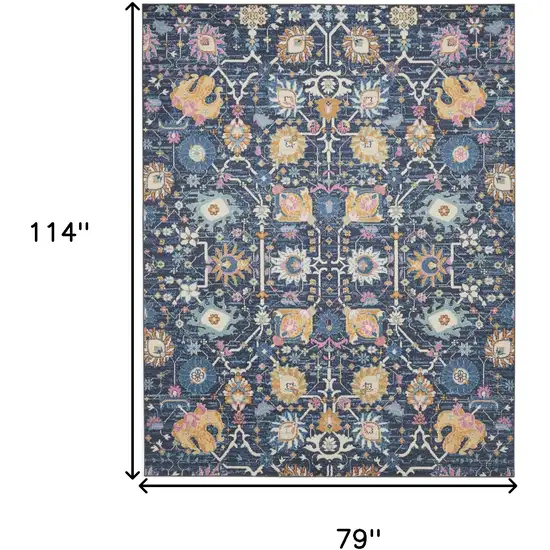 Navy Blue Yellow And Pink Floral Area Rug Photo 9