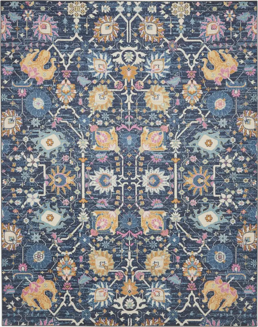 Navy Blue Yellow And Pink Floral Area Rug Photo 7