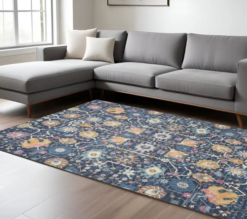 Navy Blue Yellow And Pink Floral Area Rug Photo 2