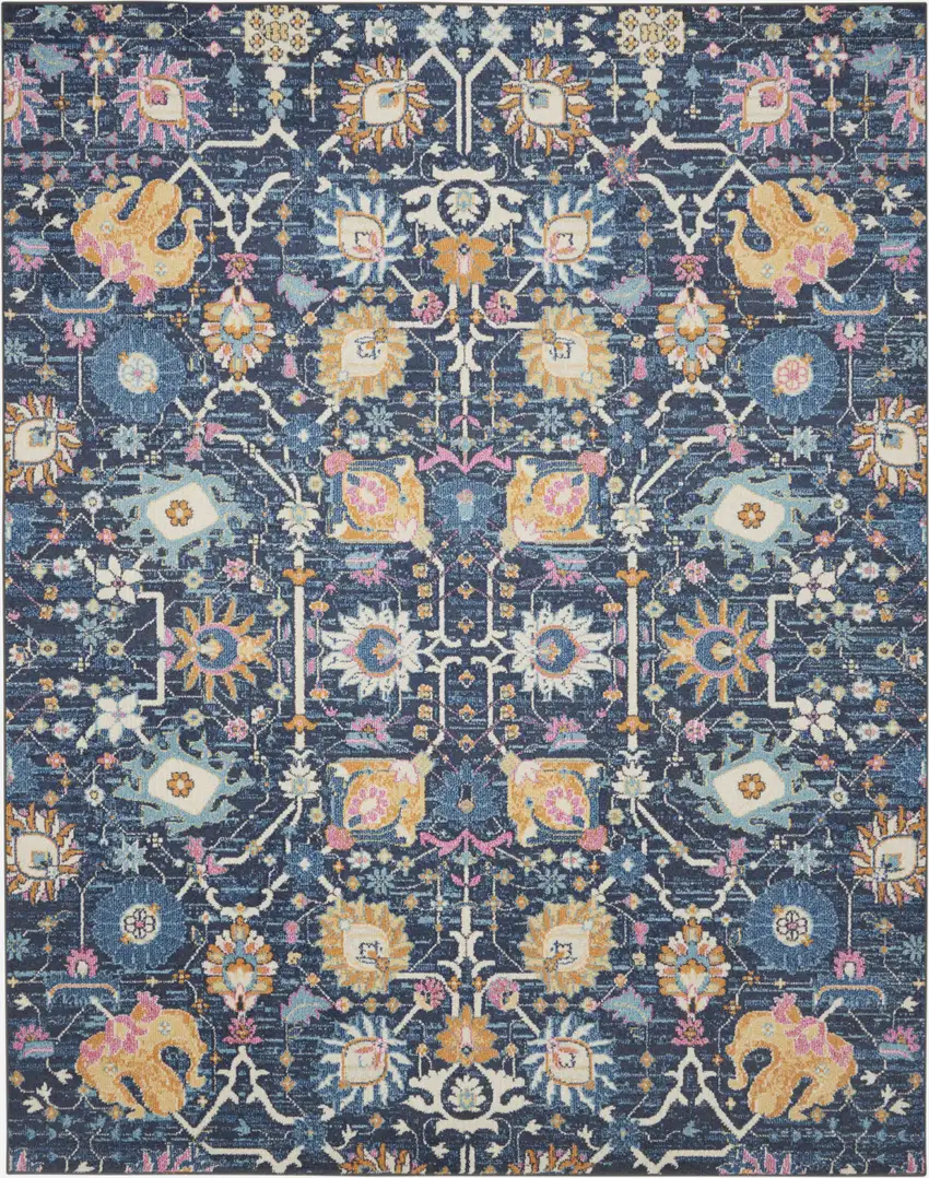 Navy Blue Floral Power Loom Area Rug Photo 1