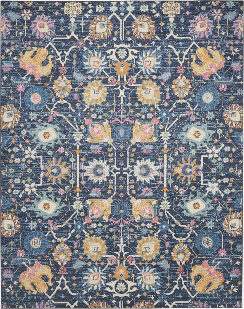 Navy Blue Yellow And Pink Floral Area Rug Photo 6