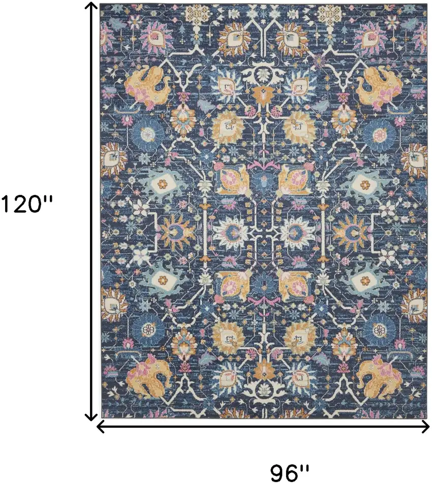 Navy Blue Yellow And Pink Floral Area Rug Photo 9