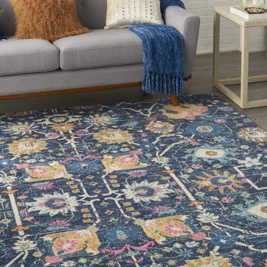Navy Blue Yellow And Pink Floral Area Rug Photo 5