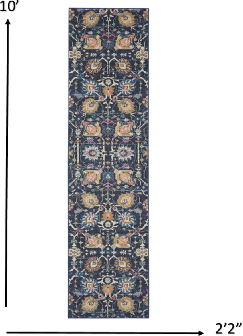10' Navy Blue Floral Power Loom Runner Rug Photo 6