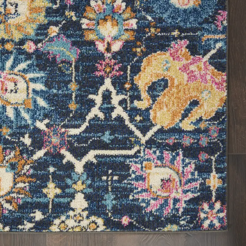 10' Navy Blue Yellow And Pink Floral Runner Rug Photo 6