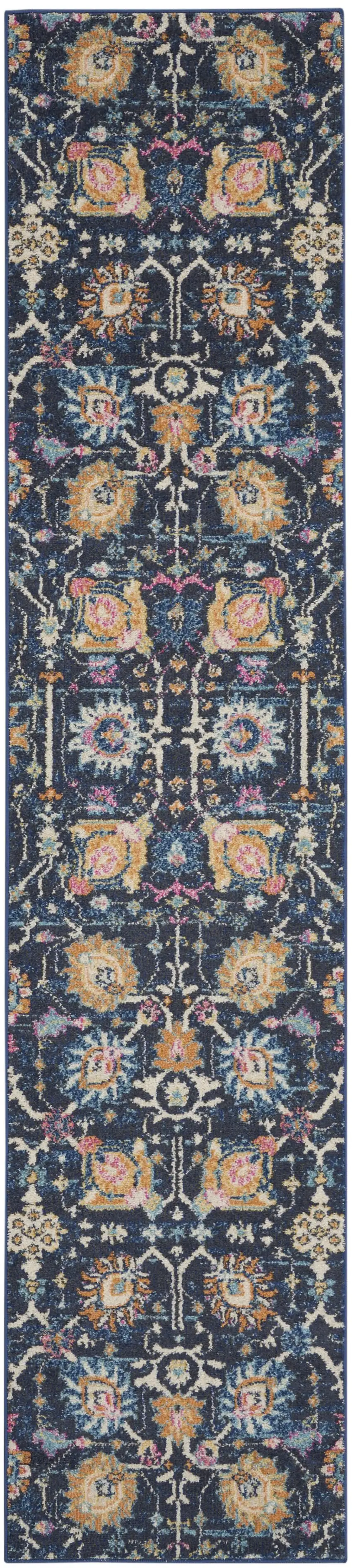 10' Navy Blue Floral Power Loom Runner Rug Photo 1