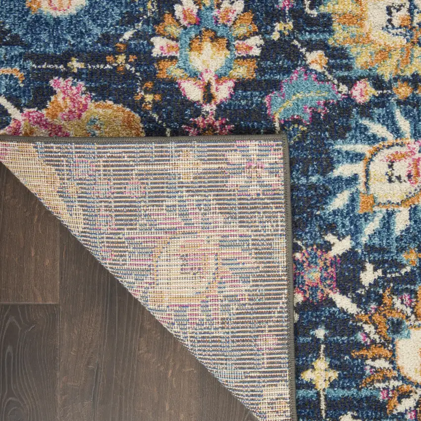 10' Navy Blue Yellow And Pink Floral Runner Rug Photo 4