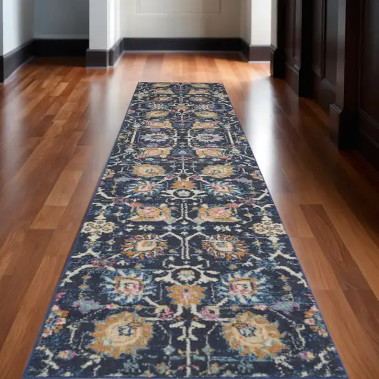 10' Navy Blue Yellow And Pink Floral Runner Rug Photo 1
