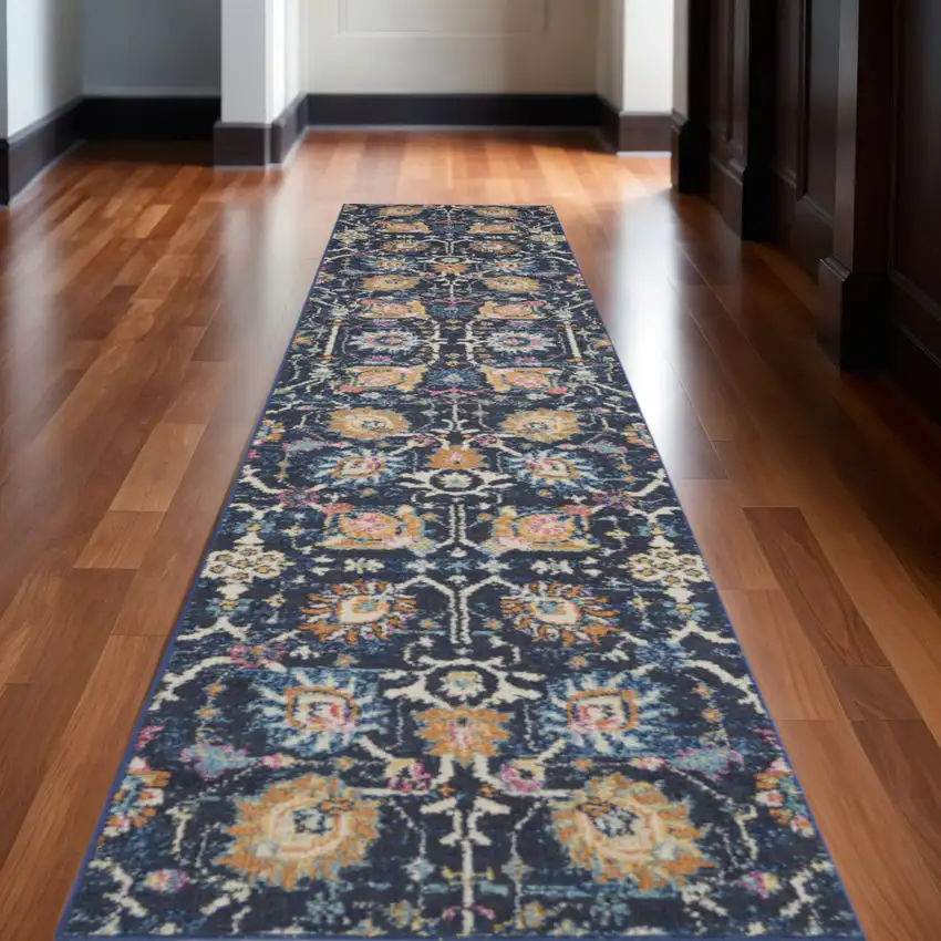 10' Navy Blue Yellow And Pink Floral Runner Rug Photo 1