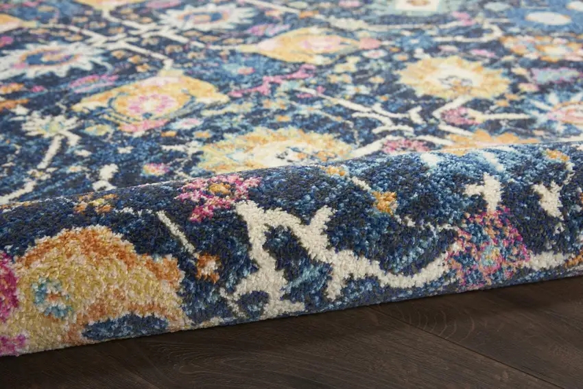 10' Navy Blue Floral Power Loom Runner Rug Photo 3