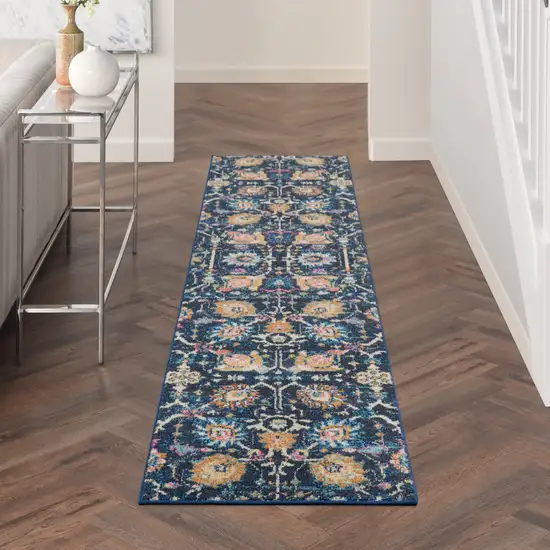 10' Navy Blue Yellow And Pink Floral Runner Rug Photo 5
