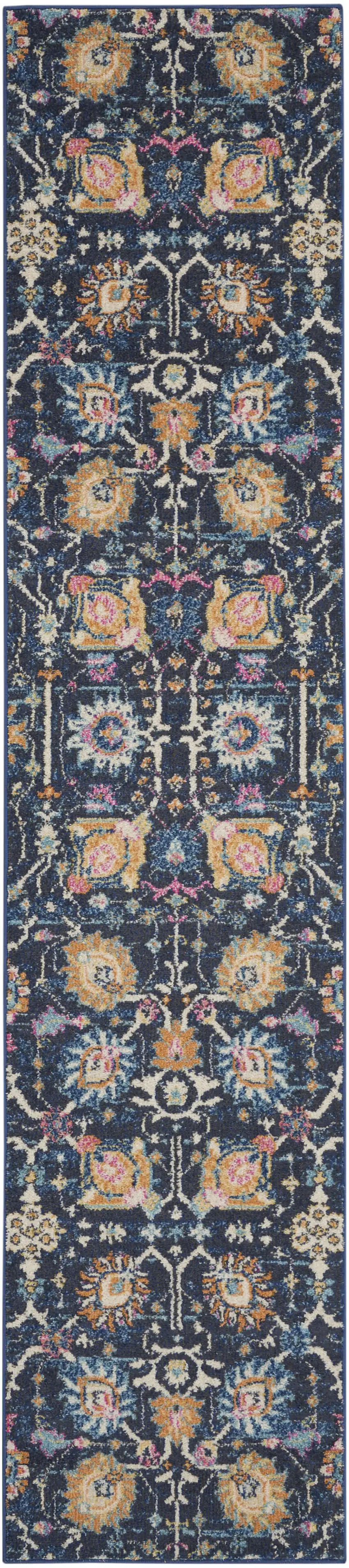 10' Navy Blue Floral Power Loom Runner Rug Photo 8