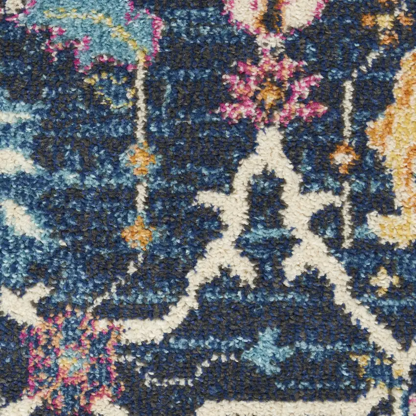 8' Navy Blue Yellow And Pink Floral Runner Rug Photo 4