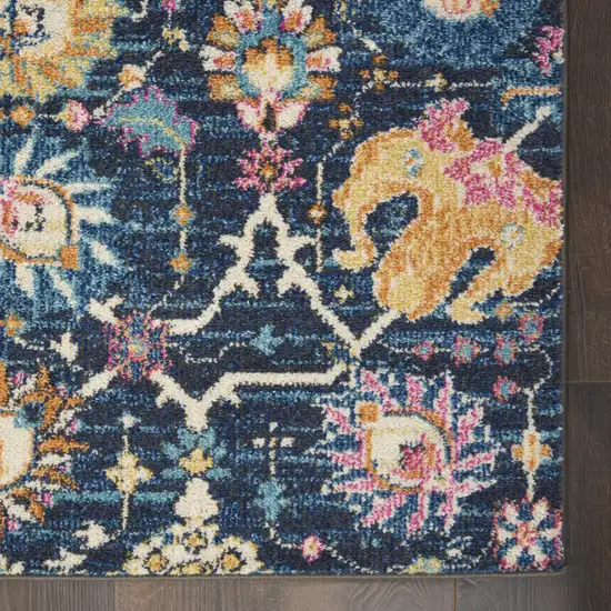 8' Navy Blue Yellow And Pink Floral Runner Rug Photo 6