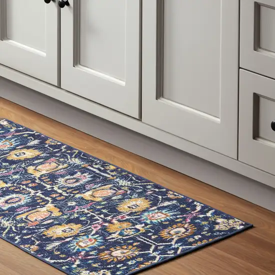 8' Navy Blue Yellow And Pink Floral Runner Rug Photo 1