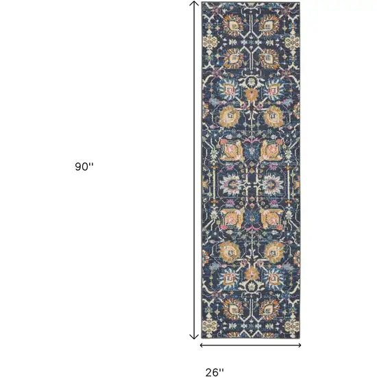 8' Navy Blue Yellow And Pink Floral Runner Rug Photo 3