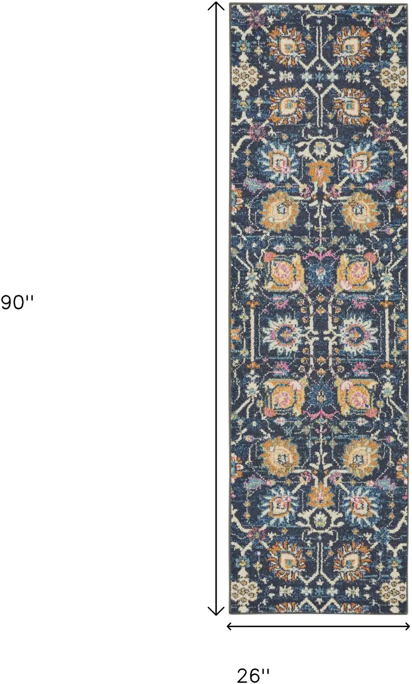 8' Navy Blue Yellow And Pink Floral Runner Rug Photo 3