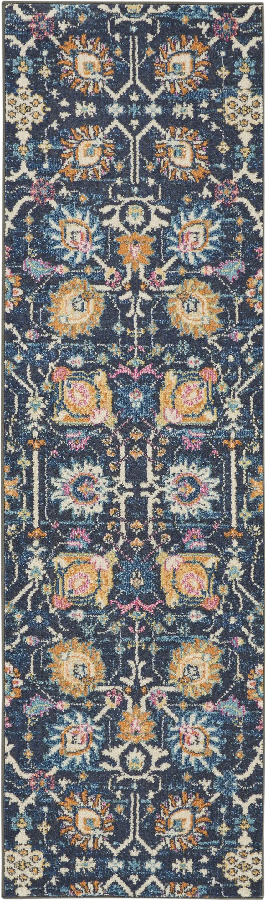 8' Navy Blue Floral Power Loom Runner Rug Photo 8