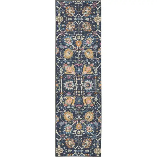 8' Navy Blue Yellow And Pink Floral Runner Rug Photo 8
