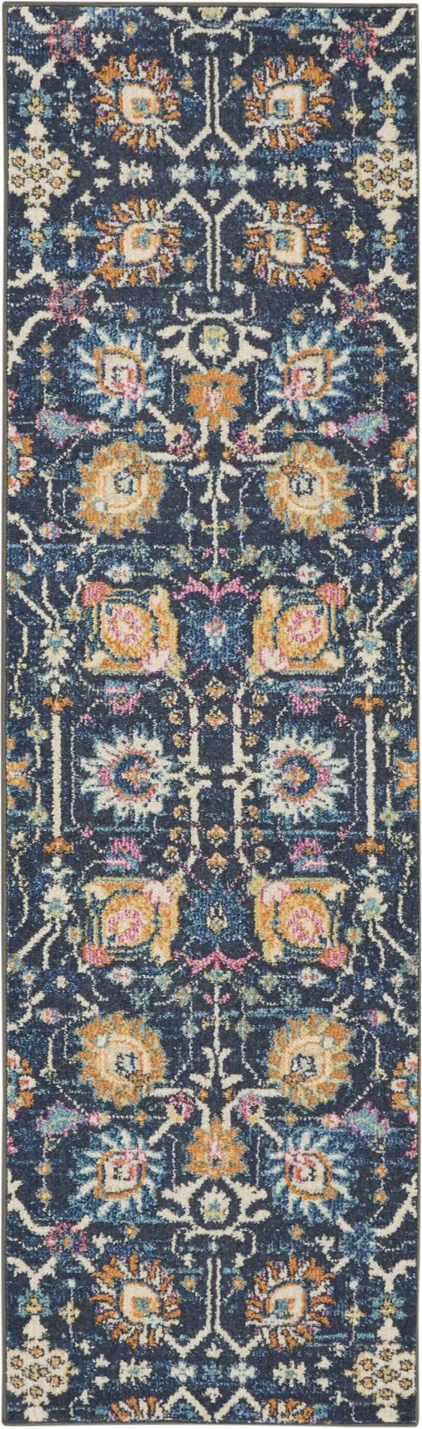 8' Navy Blue Yellow And Pink Floral Runner Rug Photo 8