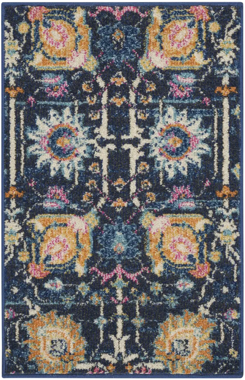 Navy Blue Yellow And Pink Floral Area Rug Photo 1