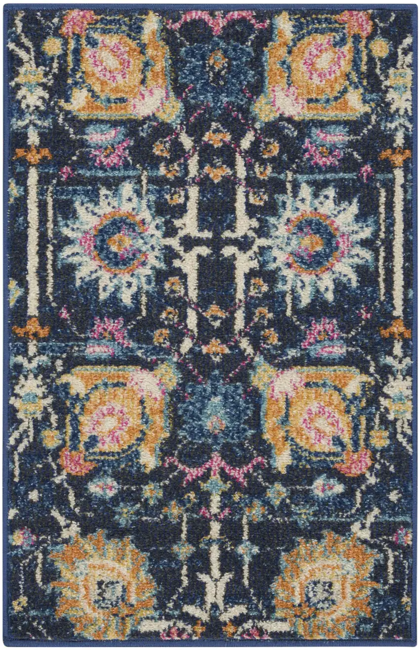 Navy Blue Yellow And Pink Floral Area Rug Photo 6