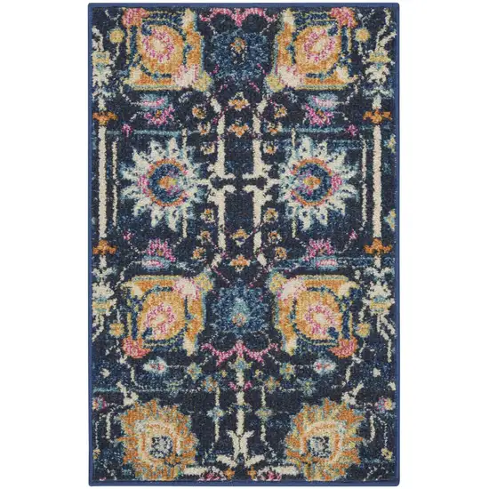 Navy Blue Yellow And Pink Floral Area Rug Photo 9