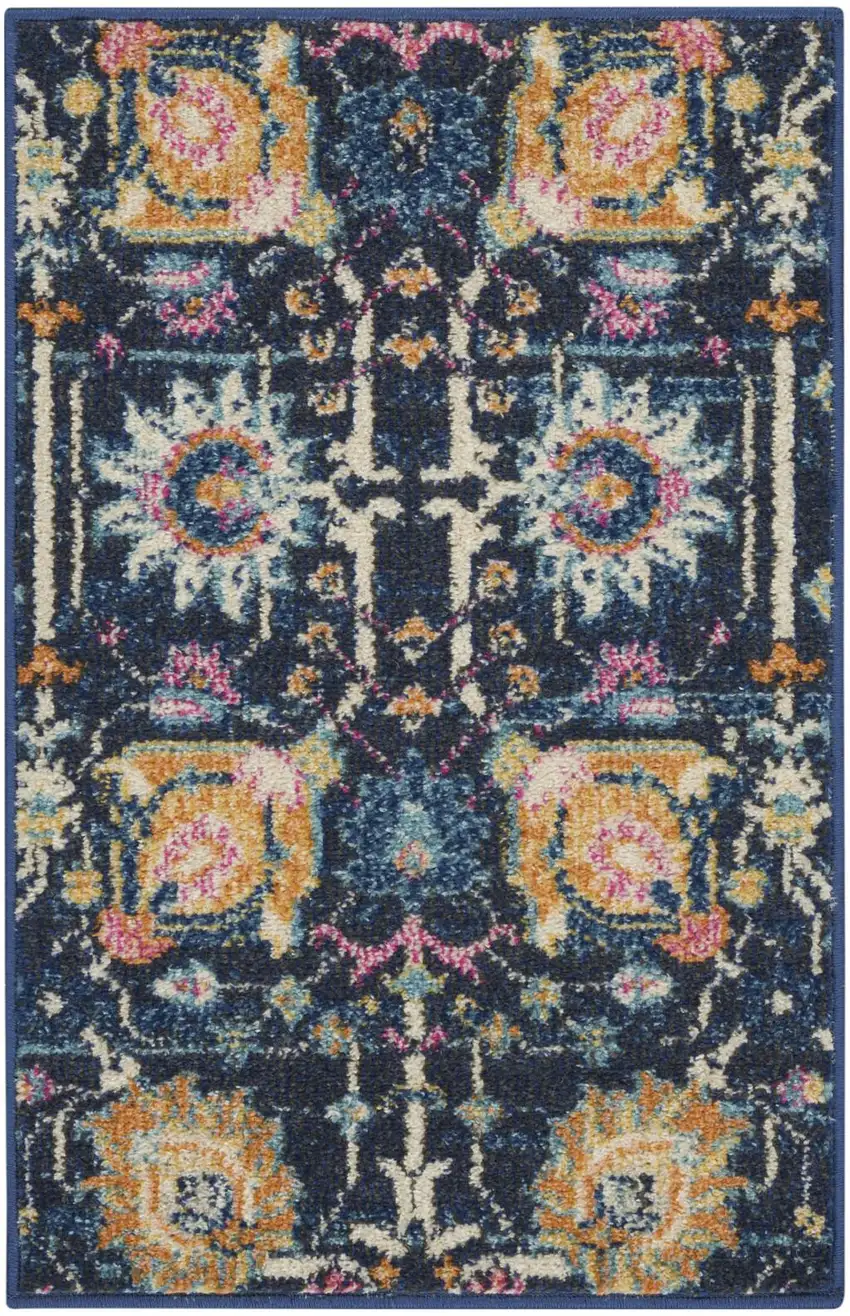 Navy Blue Yellow And Pink Floral Area Rug Photo 9
