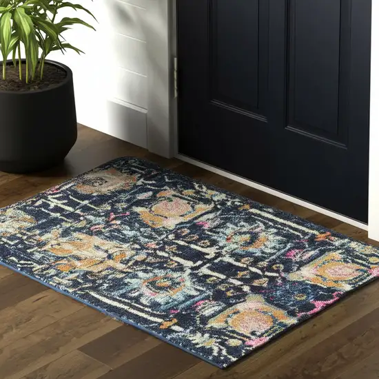 Navy Blue Yellow And Pink Floral Area Rug Photo 2
