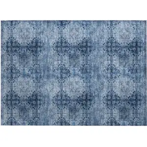 Photo of Navy Blue Floral Medallion Washable Non Skid Indoor Outdoor Area Rug