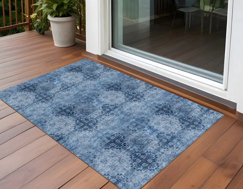 Navy Blue Floral Medallion Washable Non Skid Indoor Outdoor Area Rug Photo 2