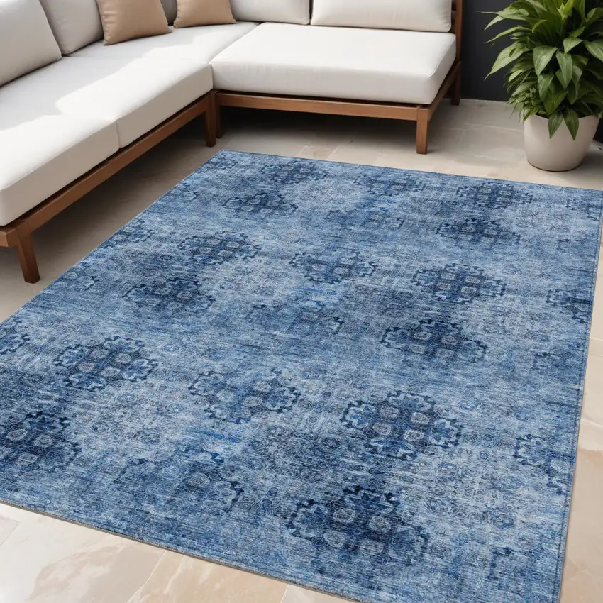 Navy Blue Floral Medallion Washable Non Skid Indoor Outdoor Area Rug Photo 1