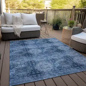 Photo of Navy Blue Floral Medallion Washable Non Skid Indoor Outdoor Area Rug
