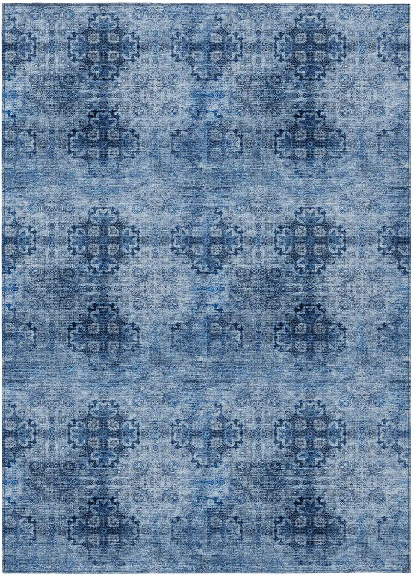 Navy Blue Floral Medallion Washable Non Skid Indoor Outdoor Area Rug Photo 2