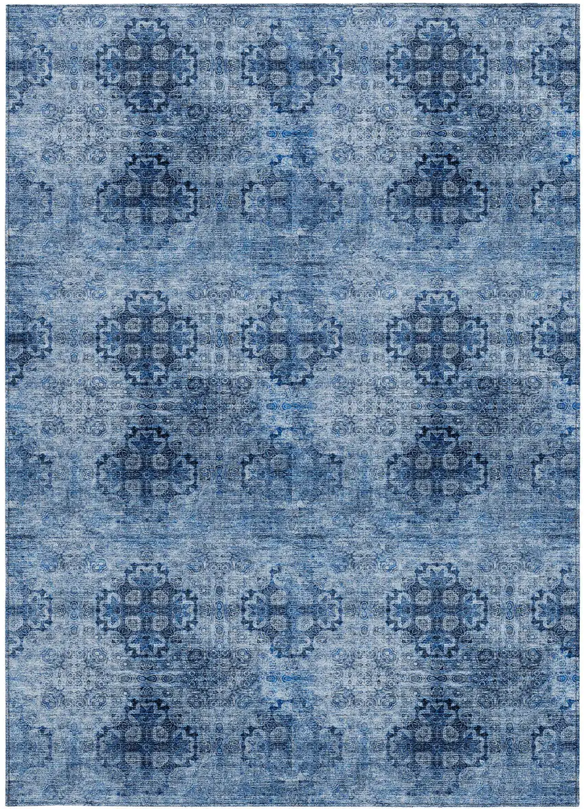 Navy Blue Floral Medallion Washable Non Skid Indoor Outdoor Area Rug Photo 3