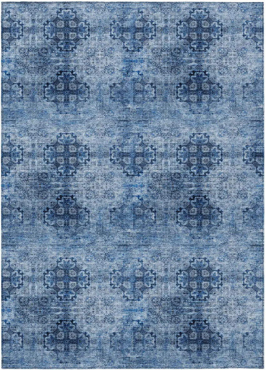 Navy Blue Floral Medallion Washable Non Skid Indoor Outdoor Area Rug Photo 1