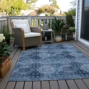 Photo of Navy Blue Floral Medallion Washable Non Skid Indoor Outdoor Area Rug
