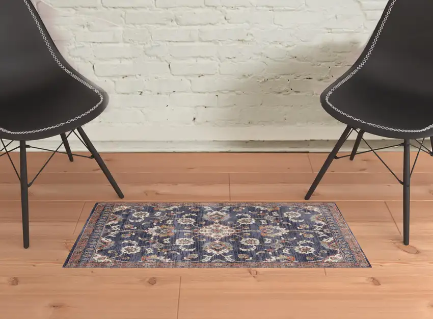 Navy Blue Floral Power Loom Area Rug With Fringe Photo 2