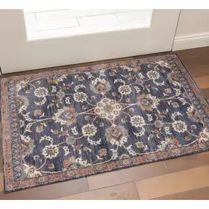 Photo of Navy Blue Floral Power Loom Area Rug With Fringe